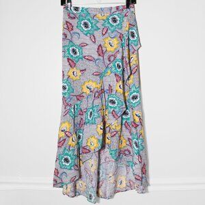 BCBGeneration Tropical Floral High-Low Wrap Ruffle Hem Skirt Multi Color XS